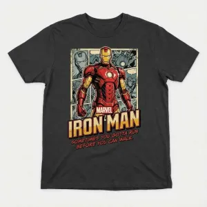 A photo of Tony Stark in a humorous Iron Man moment, shouting 'Suit up!'