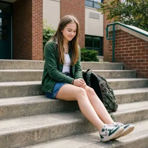A photo of a girl sitting on school stairs, alone, wearing a skirt, with a gentle half-smile