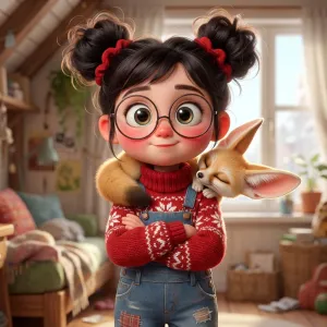 Cute 3D Pixar-style portrait of a little girl with big glasses and a sleepy fennec fox resting on her shoulder