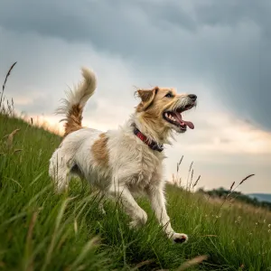 A joyful dog wagging its tail in a sunny park