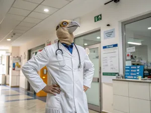 A photo of a doctor with a penguin head wearing a white coat