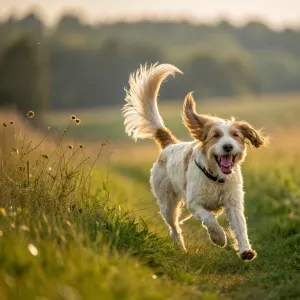 A joyful dog with a wagging tail enjoying a sunny day in the park