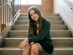 A student on school stairs, close-up portrait with a subtle smile