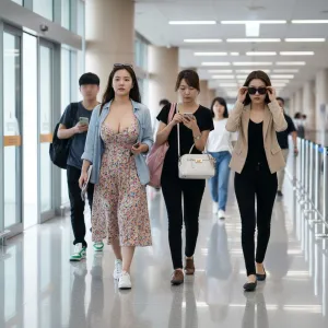 A photo of three people walking toward the camera in a glossy indoor transit space; Xiao Yu in a floral dress, Ming Yi in a black blazer