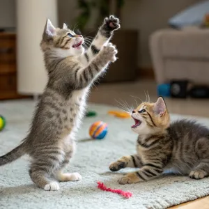 Happy cats basking in warm sunlight, playfully purring and curling up together