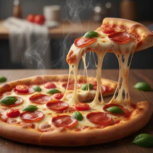 Close-up of a freshly baked pepperoni pizza slice with dramatic cheese pulls, golden crust, basil and tomatoes