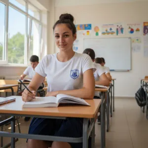 A student in a Bulgarian classroom wearing a white school uniform T-shirt with a bright top