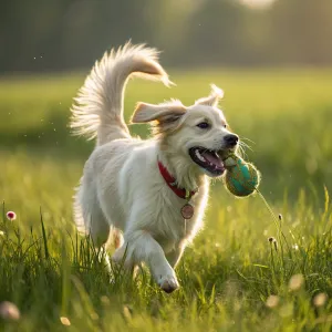 A happy dog basking in warm sunlight, wagging its tail with a bright, cheerful expression