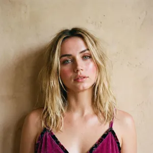 A photo of a woman with messy blonde hair and blue eyes in a magenta top against a warm plaster wall
