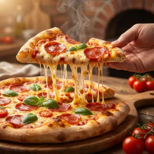 Ultra-close shot of a pepperoni pizza slice with dramatic cheese pulls and glossy crust